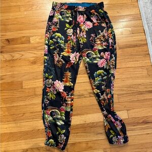 Johnny Was Silk Jogger Pants – Asian Garden Print – Elastic Waist – Luxe Boho